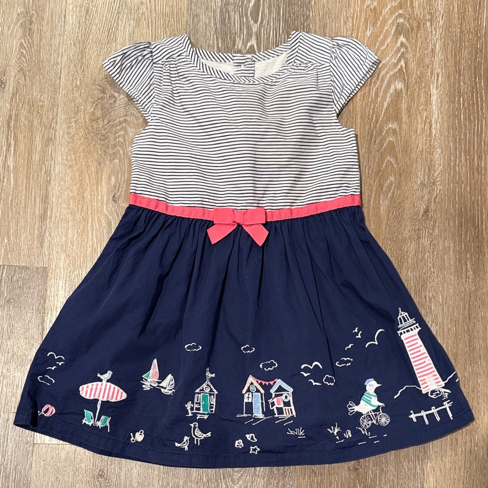 Navy and White Striped Kids Dress with Pink Bow